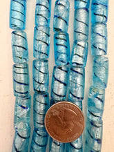 light electric blue dark blue metallic silver, crackle inside lined motif, vintage stock glass, 21x11mm tube, 6" strand, SOLD PER STRAND