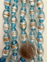 clear mint blue copper metallic silver, inside lined motif, vintage stock glass, 19x12mm bowed tube, 6" strand, SOLD PER STRAND