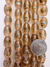 pale peach amber blue metallic silver, inside lined motif, vintage stock glass, 17x13mm bowed tube, 6" strand, SOLD PER STRAND