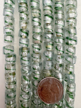 clear green multi metallic silver, swirl inside lined motif, vintage stock glass, 10x8mm rondelle, 6" strand, SOLD PER STRAND