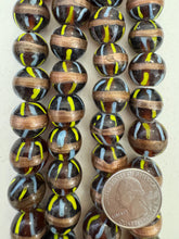 brown pale blue yellow copper, lined stripe motif, vintage stock glass, 17x16mm barrel, 6" strand, SOLD PER STRAND