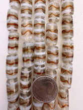 clear white burnt orange copper, swirl motif, vintage stock glass, 24x12mm tube, 6" strand, SOLD PER STRAND