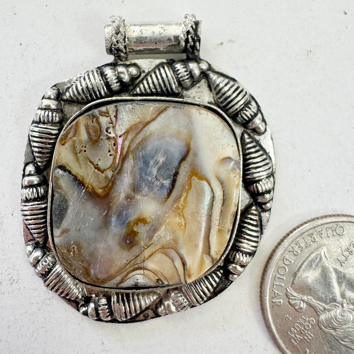 abalone, antique silver plated metal, shell border motif, vintage stock, 45x37x5mm, one of a kind pendant