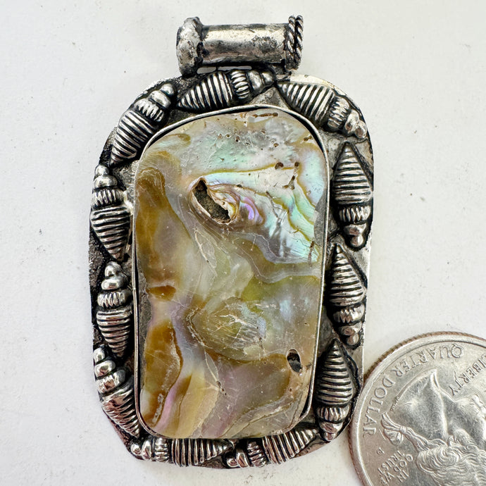abalone, antique silver plated metal, shell border motif, vintage stock, 52x32x5mm, one of a kind pendant