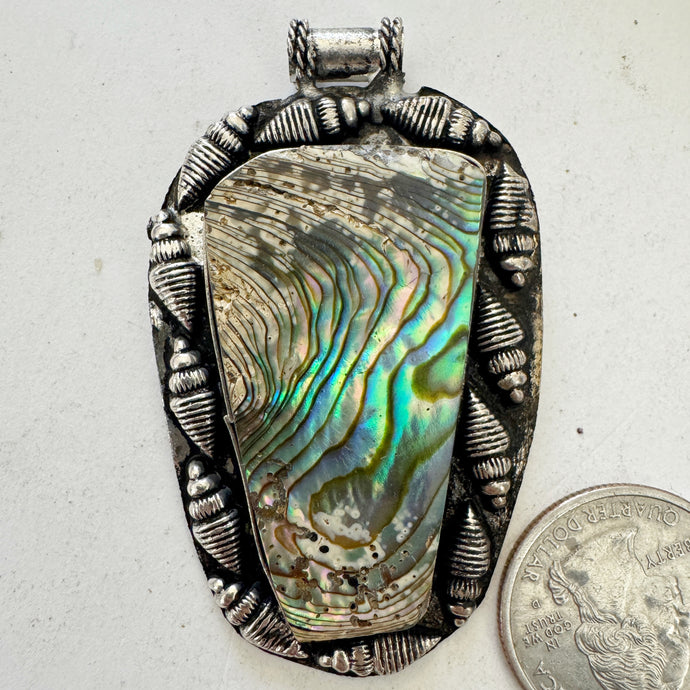 abalone, antique silver plated metal, shell border motif, vintage stock, 62x32x6mm, one of a kind pendant