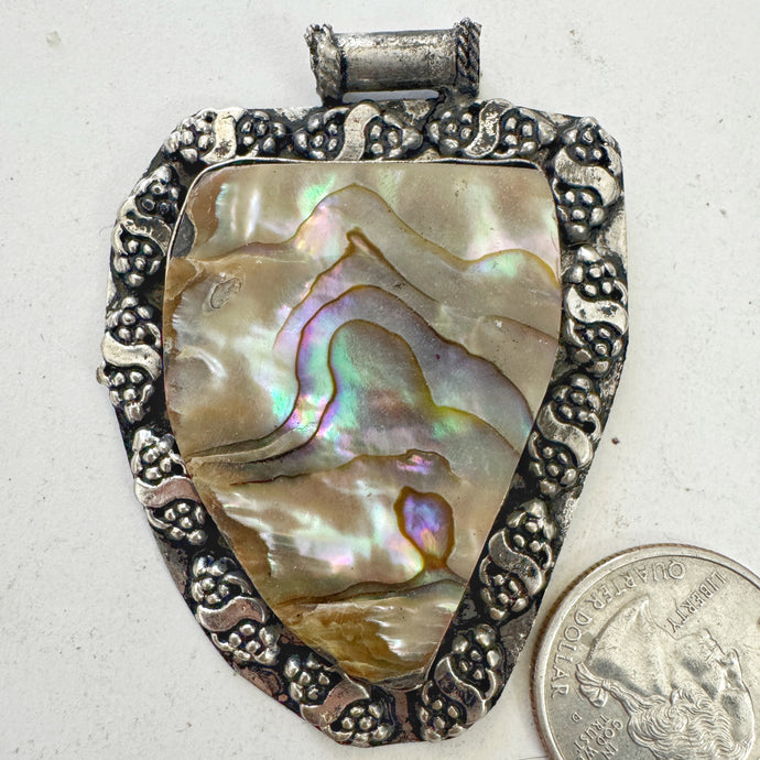 abalone, antique silver plated metal, dotted double grape border motif, vintage stock, 60x45x6mm, one of a kind pendant