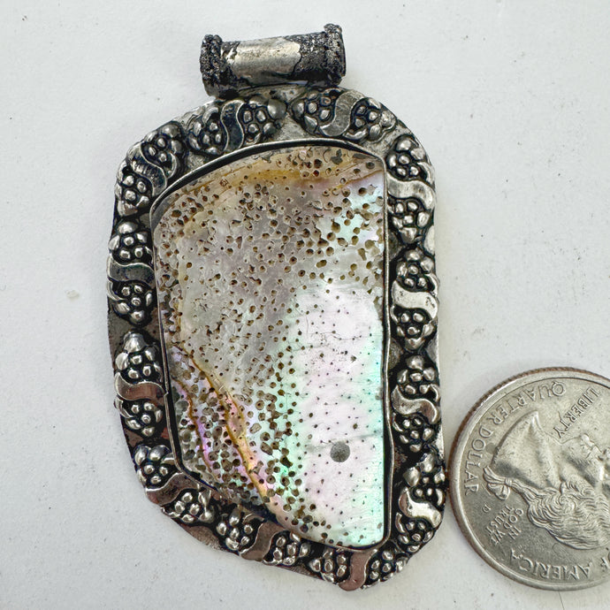 abalone, antique silver plated metal, dotted double grape border motif, vintage stock, 61x36x6mm, one of a kind pendant