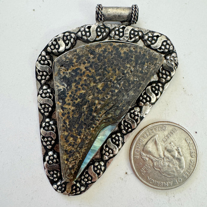 abalone, antique silver plated metal, dotted double grape border motif, vintage stock, 66x49x7mm, one of a kind pendant