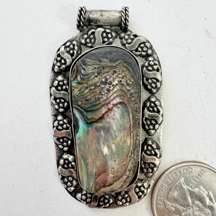 abalone, antique silver plated metal, dotted double grape border motif, vintage stock, 53x32x6mm, one of a kind pendant
