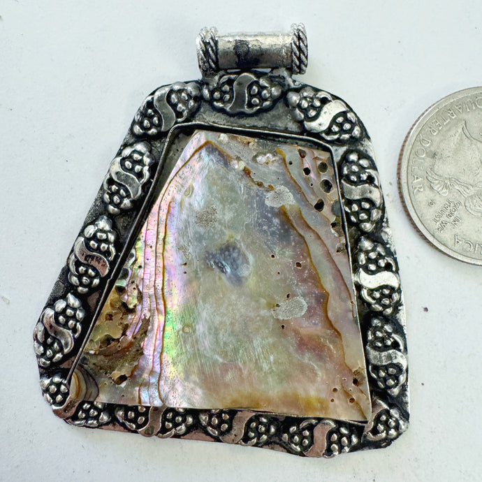 abalone, antique silver plated metal, dotted double grape border motif, vintage stock, 58x51x6mm, one of a kind pendant