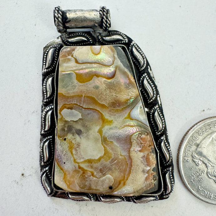 abalone, antique silver plated metal, dotted curve border motif, vintage stock, 52x34x6mm, one of a kind pendant