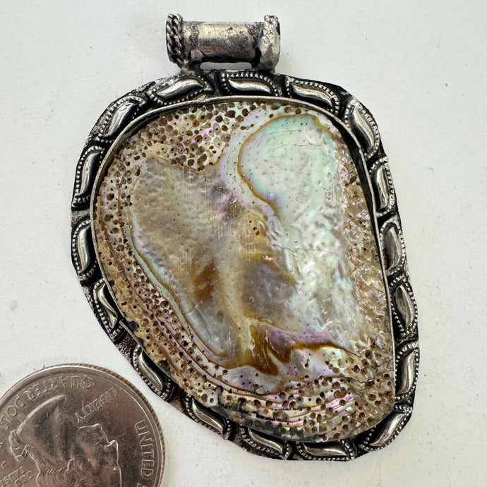 abalone, antique silver plated metal, dotted curve border motif, vintage stock, 60x45x6mm, one of a kind pendant