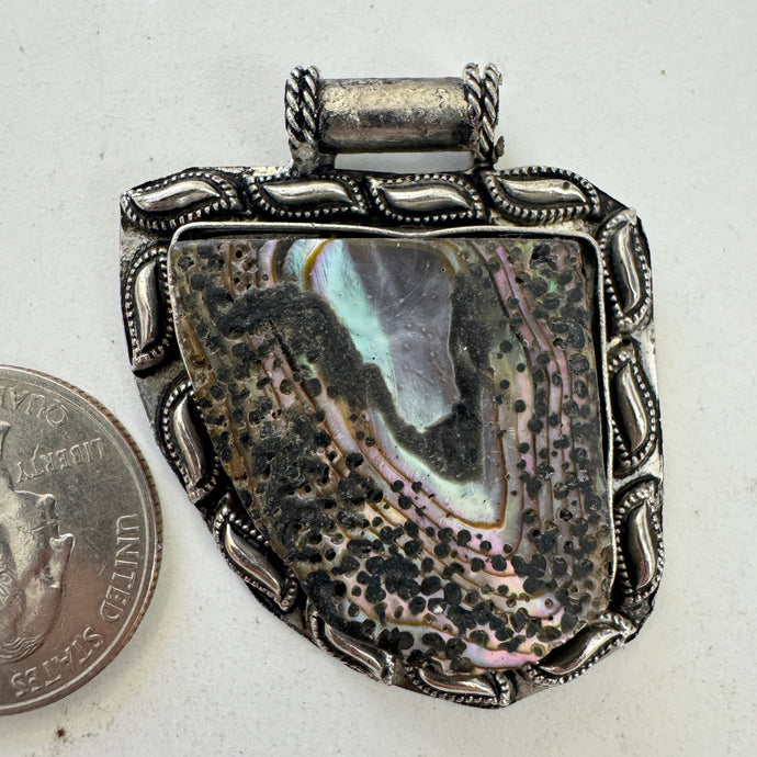 abalone, antique silver plated metal, dotted curve border motif, vintage stock, 41x40x6mm, one of a kind pendant