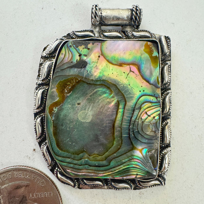 abalone, antique silver plated metal, dotted curve border motif, vintage stock, 50x38x6mm, one of a kind pendant