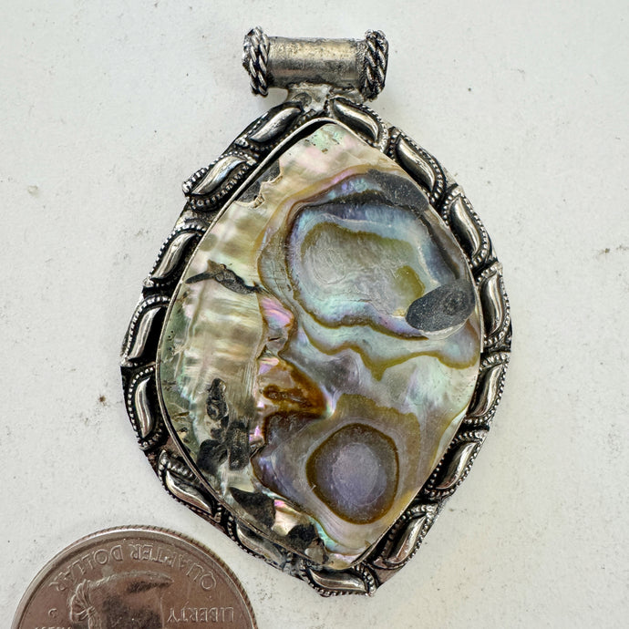 abalone, antique silver plated metal, dotted curve border motif, vintage stock, 55x38x6mm, one of a kind pendant