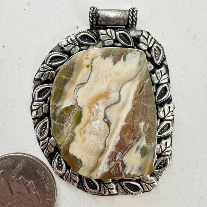 abalone, antique silver plated metal, branching leaf border motif, vintage stock, 56x45x6mm, one of a kind pendant