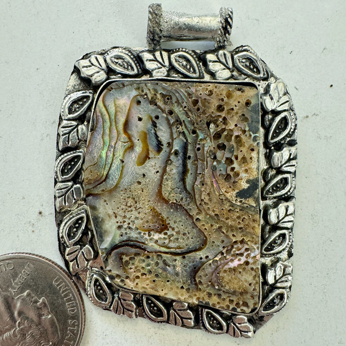 abalone, antique silver plated metal, branching leaf border motif, vintage stock, 60x44x6mm, one of a kind pendant