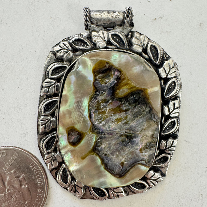 abalone, antique silver plated metal, branching leaf border motif, vintage stock, 57x42x6mm, one of a kind pendant