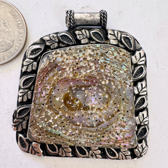 abalone, antique silver plated metal, branching leaf border motif, vintage stock, 52x50x6mm, one of a kind pendant