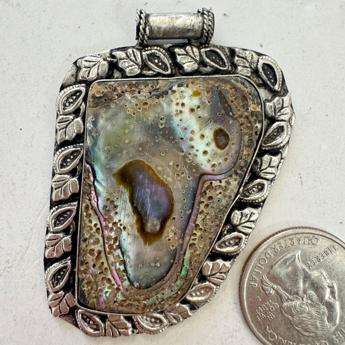 abalone, antique silver plated metal, branching leaf border motif, vintage stock, 60x48x6mm, one of a kind pendant