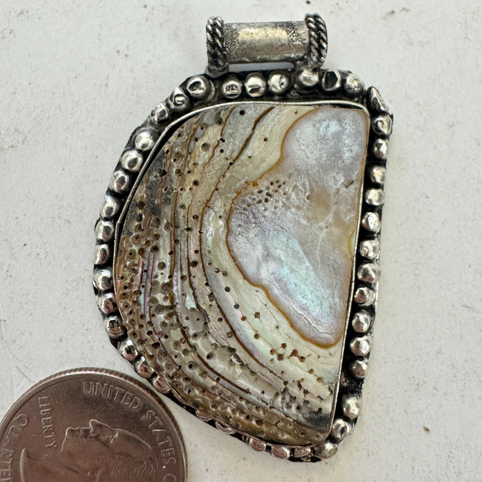 abalone, antique silver plated metal, dotted border motif, vintage stock, 55x35x6mm, one of a kind pendant