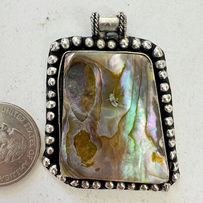 abalone, antique silver plated metal, dotted border motif, vintage stock, 51x40x6mm, one of a kind pendant