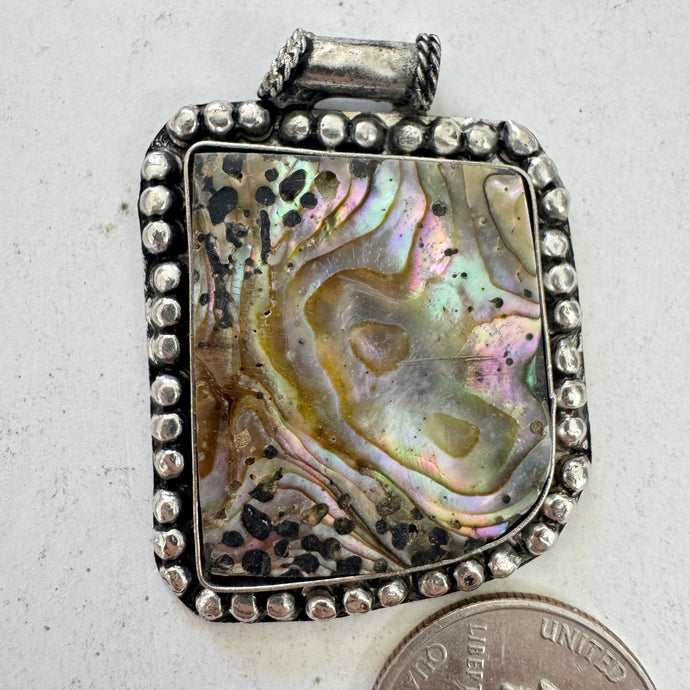 abalone, antique silver plated metal, dotted border motif, vintage stock, 48x35x6mm, one of a kind pendant