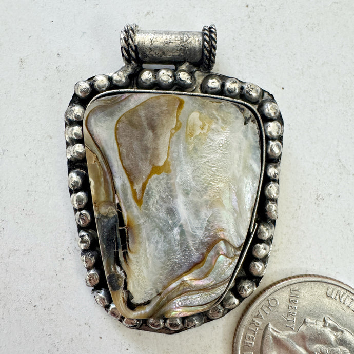 abalone, antique silver plated metal, dotted border motif, vintage stock, 48x33x6mm, one of a kind pendant