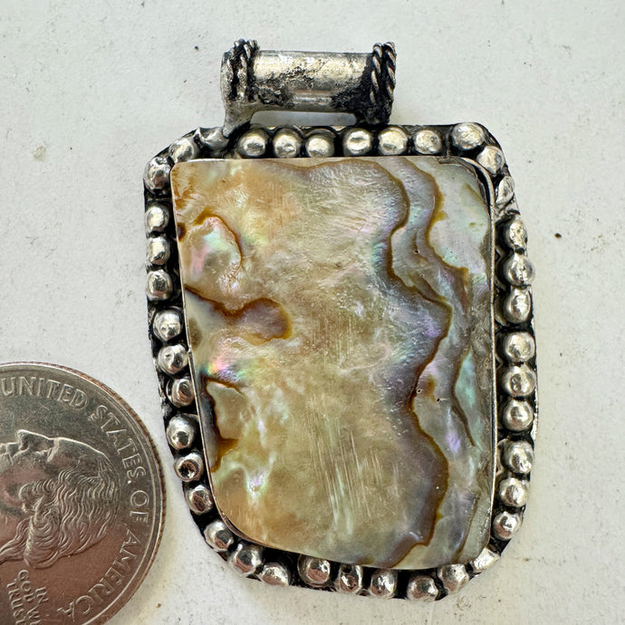 abalone, antique silver plated metal, dotted border motif, vintage stock, 47x35x6mm, one of a kind pendant