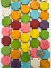 color enhanced magnesite: multi color, weathered look, 30x30x6mm cross rectangle, 15" strand, SOLD PER STRAND