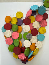 color enhanced magnesite: multi color, weathered look, 30x30x6mm cross rectangle, 15" strand, SOLD PER STRAND