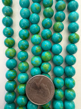 color enhanced magnesite: lime green dark turquoise blue, 10mm round, 15" strand,  SOLD PER STRAND