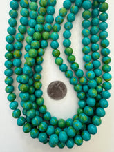 color enhanced magnesite: lime green dark turquoise blue, 10mm round, 15" strand,  SOLD PER STRAND
