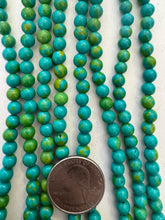 color enhanced magnesite: lime green dark turquoise blue, 6mm round, 15" strand,  SOLD PER STRAND