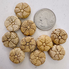 off white, hand carved floral motif, vintage stock chinese bone, 17x17x8mm coin, SOLD PER BEAD