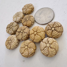 off white, hand carved floral motif, vintage stock chinese bone, 17x17x8mm coin, SOLD PER BEAD