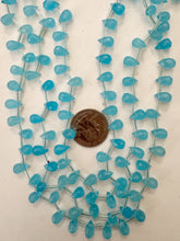 pale electric blue color enhanced quartz, 9x6mm faceted pear teardrop briolette pendant, 15" strand, sold per strand