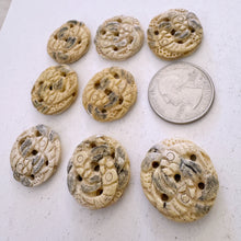 off white, hand carved painted two fish pine branch motif, vintage stock chinese bone, 24x24x4mm coin, SOLD PER BEAD