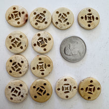 off white, hand carved chinese symbol motif, vintage stock chinese bone, 20x20x4mm coin, SOLD PER BEAD