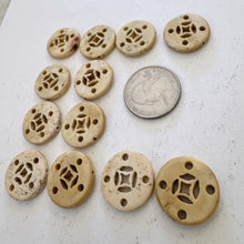 off white, hand carved chinese symbol motif, vintage stock chinese bone, 20x20x4mm coin, SOLD PER BEAD