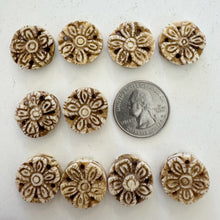 off white, hand carved flower motif, vintage stock chinese bone, 19x19x5mm coin, SOLD PER BEAD