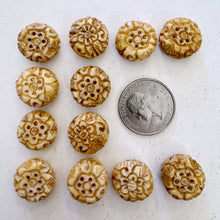 off white, hand carved flower motif, vintage stock chinese bone, 17x17x8mm coin, SOLD PER BEAD