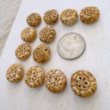 off white, hand carved flower motif, vintage stock chinese bone, 17x17x8mm coin, SOLD PER BEAD