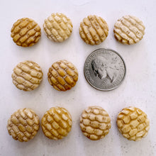 off white, hand carved woven basket pattern motif, vintage stock chinese bone, 17x17x8mm coin, SOLD PER BEAD