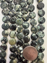 chinese writing jasper, 12x12x4mm coin, 15" strand, SOLD PER STRAND