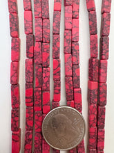 color enhanced howlite: dark pale red, 13x4x4mm 4 sided tube, 15" strand,  SOLD PER STRAND