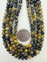 blue yellow tiger eye, 6mm round, 15" strand, sold per strand