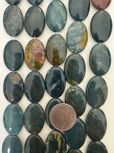 yellow green bloodstone, 29x20x5mm oval, 15" strand,  SOLD PER STRAND