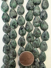 color enhanced black labradorite: dark green, 17x13x6mm pear teardrop, 15" strand,  SOLD PER STRAND