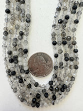 black rutilated quartz, 4mm faceted round, 15" strand, sold per strand
